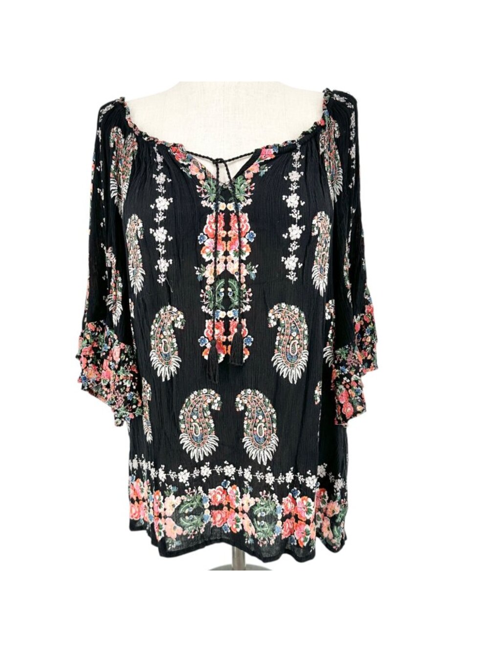 Bila Peasant Tunic Top Womens XXL Black Floral Boho Paisley 3/4 Sleeve Rayon